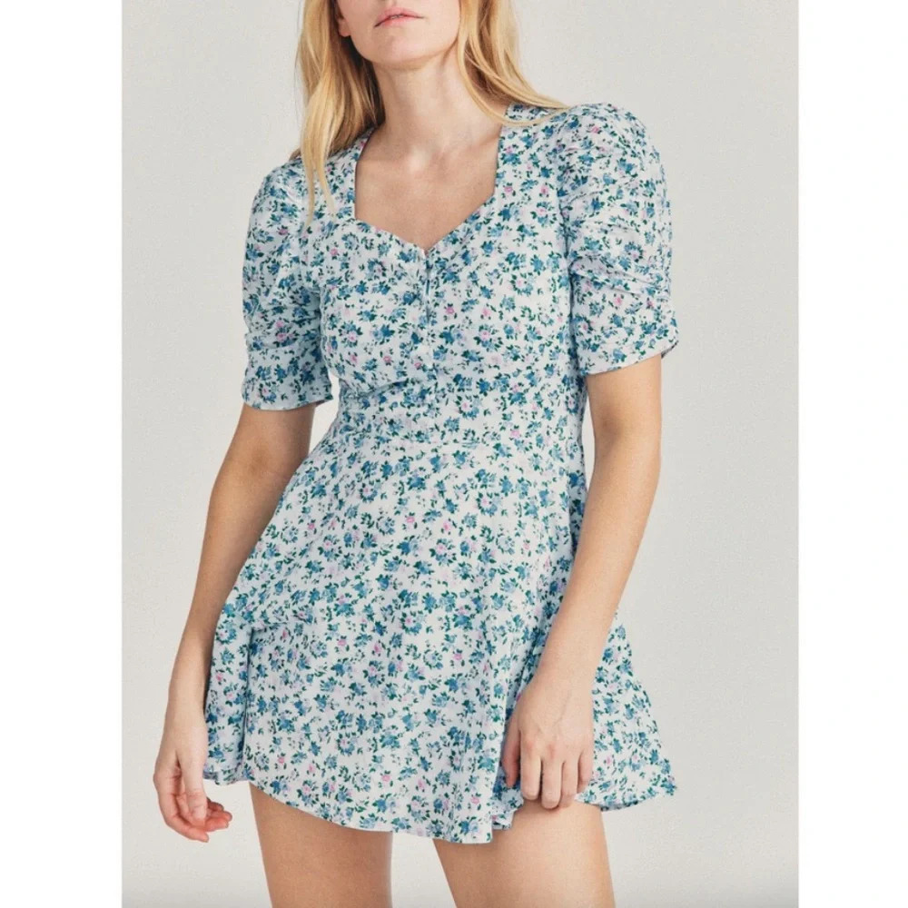 LoveShackFancy Cora Blue Floral Short Sleeve Mini Dress
